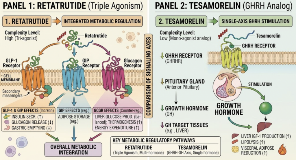 The Complete Guide to Research Peptides: (2026) comparison between retatrutide and tesamorelin signalling pathways.