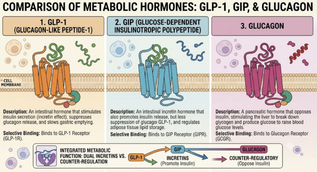The Complete Guide to Research Peptides: (2026) comparison of glp 1, gip, and glucagon receptor signalling pathways.