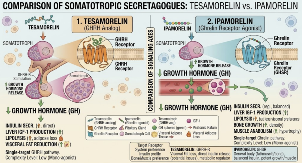 The Complete Guide to Research Peptides: (2026) comparison of tesamorelin and ipamorelin signalling pathways.