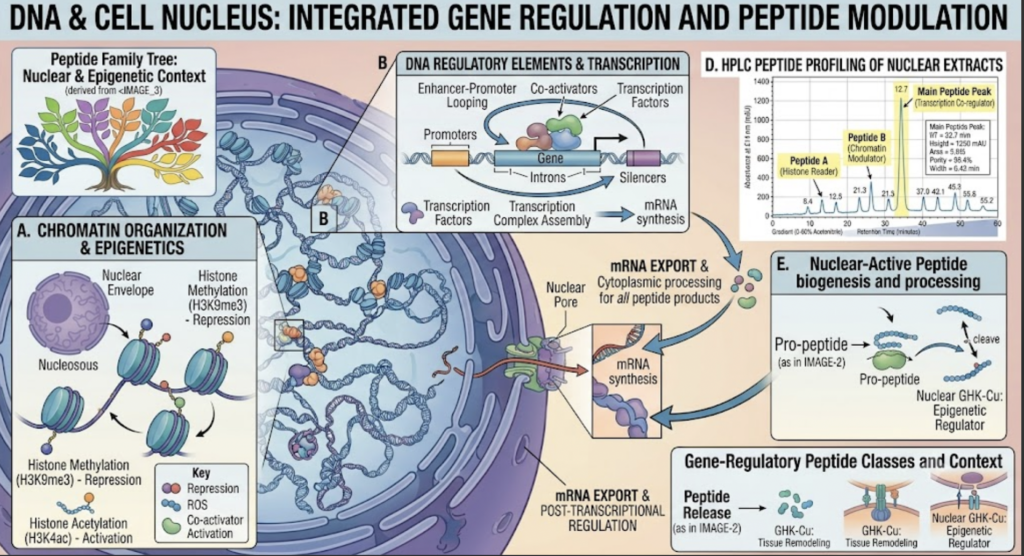 The Complete Guide to Research Peptides: (2026) dna and cell nucleus illustration representing gene regulation.