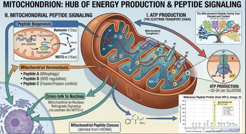 The Complete Guide to Research Peptides: (2026) detailed mitochondrion illustration showing atp production and peptide signalling.