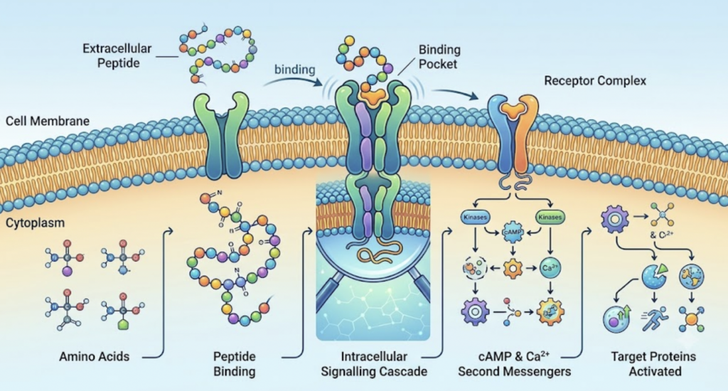 The Complete Guide to Research Peptides: (2026) diagram of peptide receptor interaction and intracellular signalling pathways.