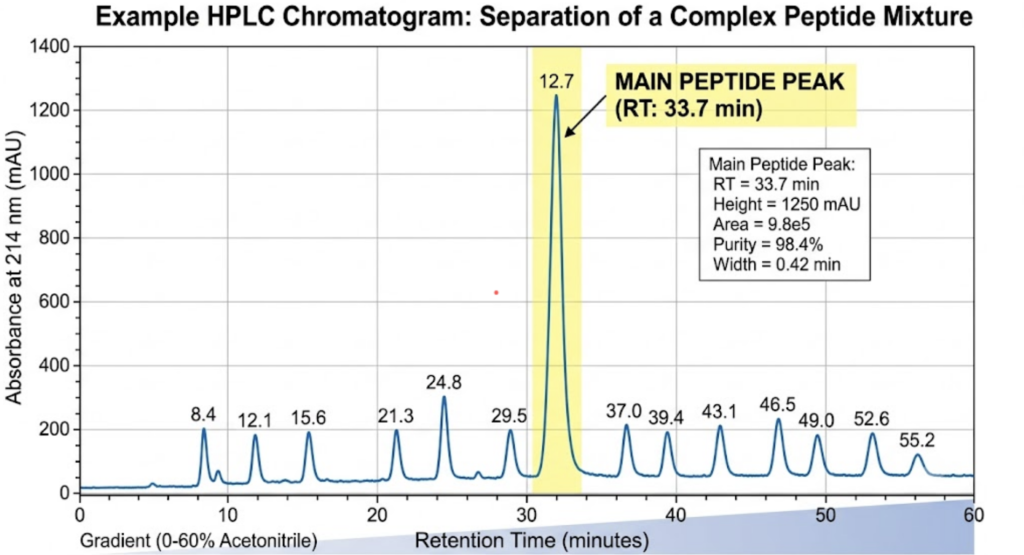 The Complete Guide to Research Peptides: (2026) example chromatogram demonstrating peptide purity analysis.