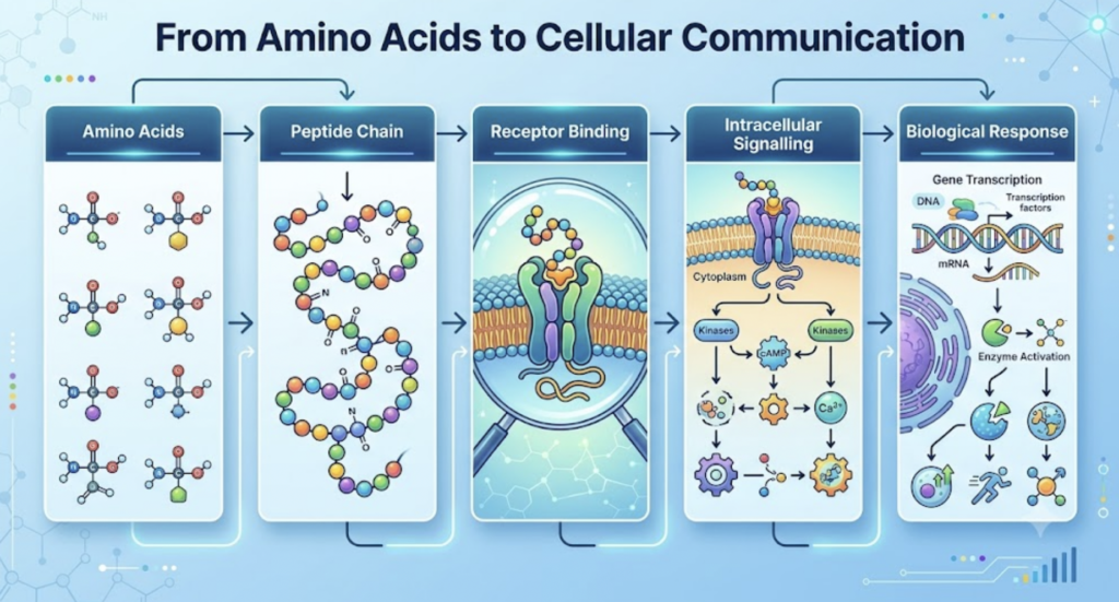 The Complete Guide to Research Peptides: (2026) Illustration showing how peptides interact with cellular receptors.