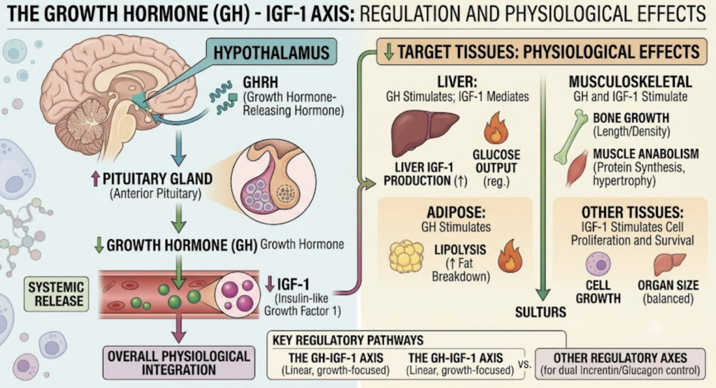 The Complete Guide to Research Peptides: (2026) growth hormone axis illustrating where tesamorelin interacts with the ghrh receptor.