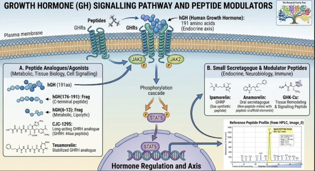 The Complete Guide to Research Peptides: (2026) growth hormone signalling illustration with labelled peptide examples.
