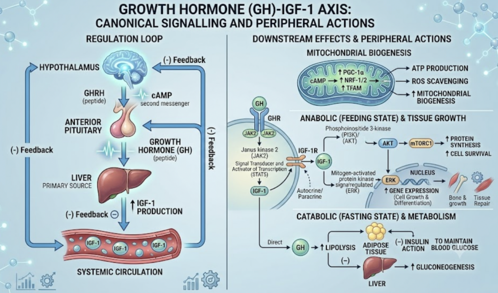 The Complete Guide to Research Peptides: (2026) growth hormone signalling pathway showing hypothalamic and pituitary regulation.