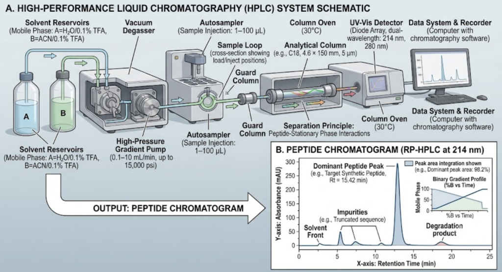 The Complete Guide to Research Peptides: (2026) high performance liquid chromatography used to purify research peptides.