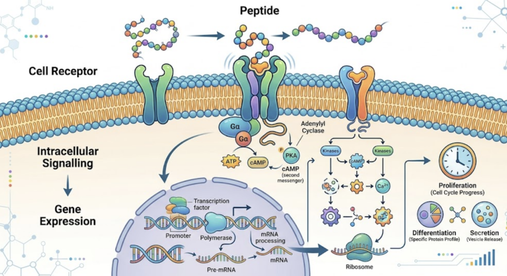 The Complete Guide to Research Peptides: (2026) illustration demonstrating how research peptides bind to receptors and initiate intracellular signalling pathways.