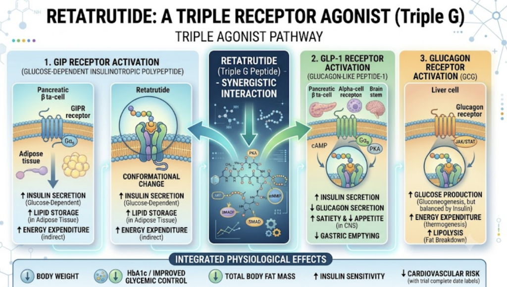 The Complete Guide to Research Peptides: (2026) illustration of glp 1, gip, and glucagon receptor signalling.