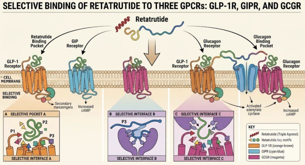 The Complete Guide to Research Peptides: (2026) illustration of retatrutide acting as a triple receptor agonist.