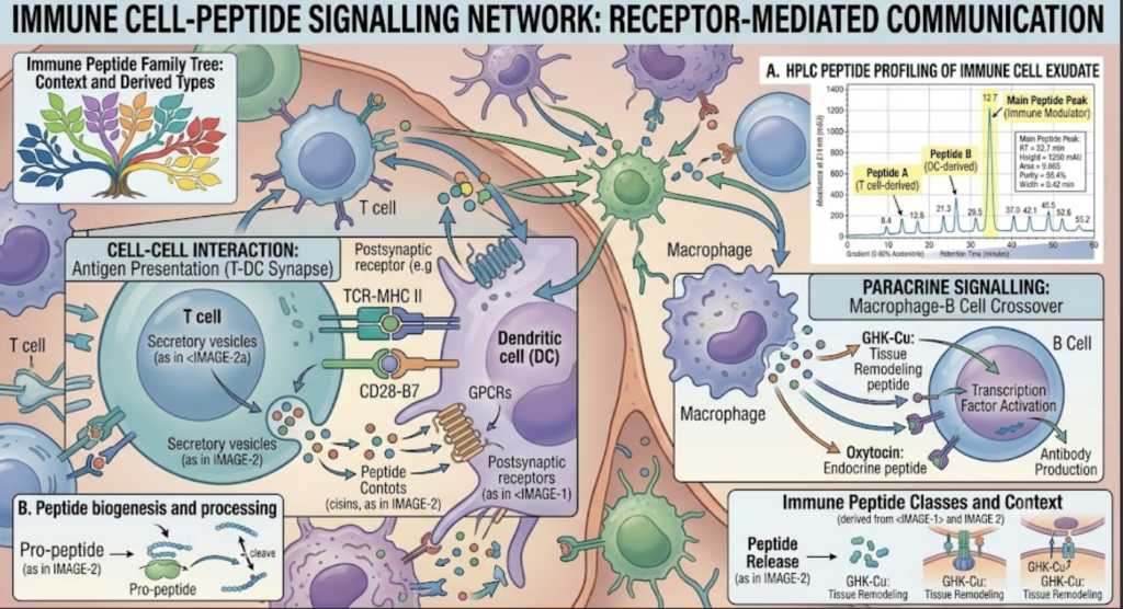 The Complete Guide to Research Peptides: (2026) immune cell illustration showing receptor signalling between cells.