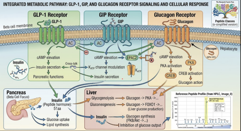 The Complete Guide to Research Peptides: (2026) metabolic pathway illustration highlighting glp 1, gip, and glucagon receptors.