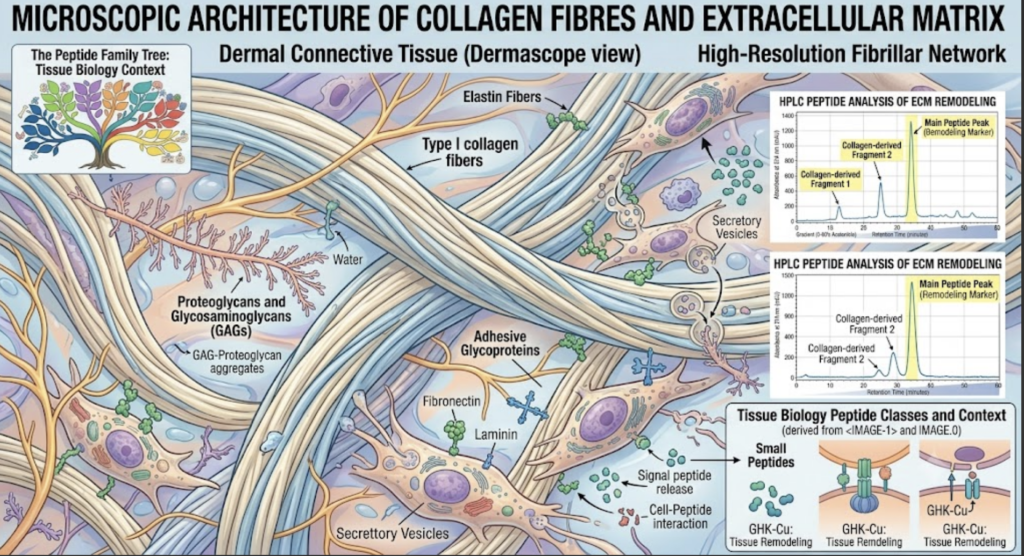 The Complete Guide to Research Peptides: (2026) microscopic illustration of collagen fibres and extracellular matrix.