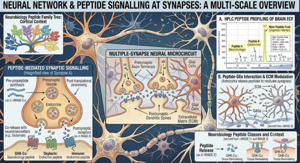 The Complete Guide to Research Peptides: (2026) neuron network illustration with peptide signalling across synapses.