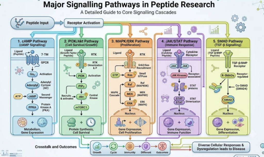 The Complete Guide to Research Peptides: (2026) overview of intracellular signalling pathways commonly investigated in peptide research.