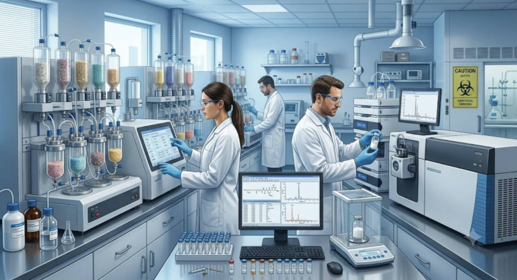 The Complete Guide to Research Peptides: (2026) research peptide manufacturing facility using advanced laboratory equipment.