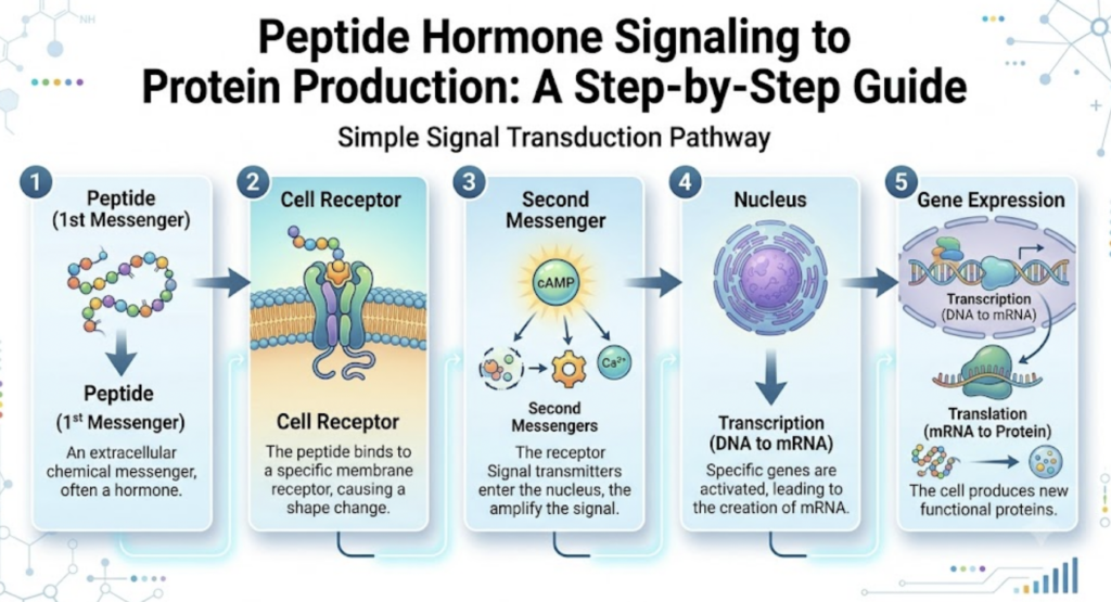 The Complete Guide to Research Peptides: (2026) simplified diagram illustrating peptide mediated cell signalling.
