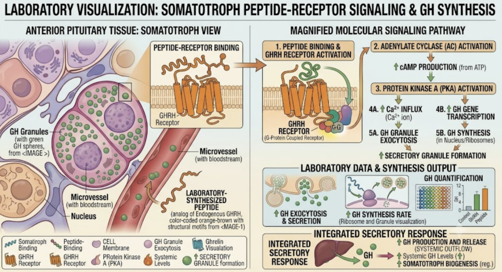 The Complete Guide to Research Peptides: (2026) tesamorelin interacting with the growth hormone releasing hormone receptor.