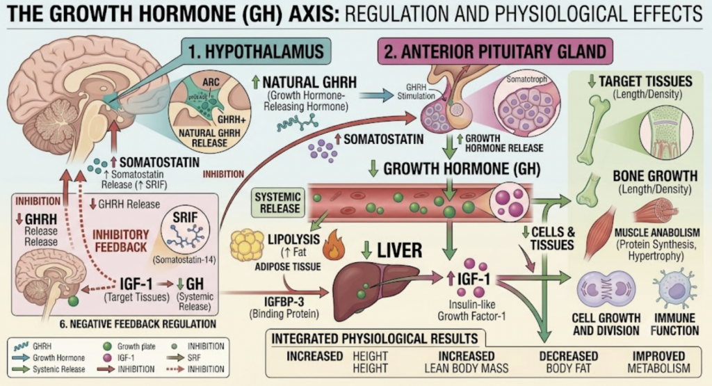 The Complete Guide to Research Peptides: (2026) the growth hormone signalling pathway from the hypothalamus to igf 1 production.